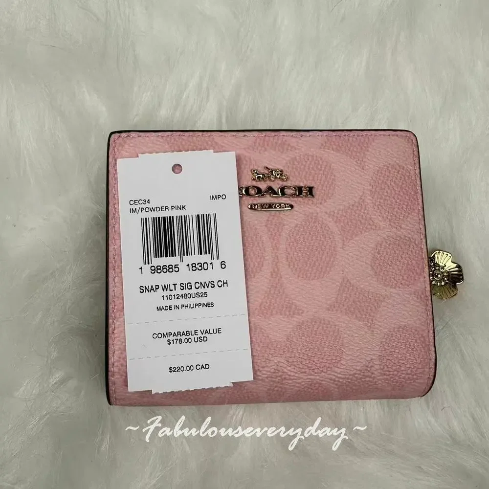 Coach Snap Wallet In Signature Canvas With Charm CEC34 Gold/Powder Pink NWT - Picture 3 of 4